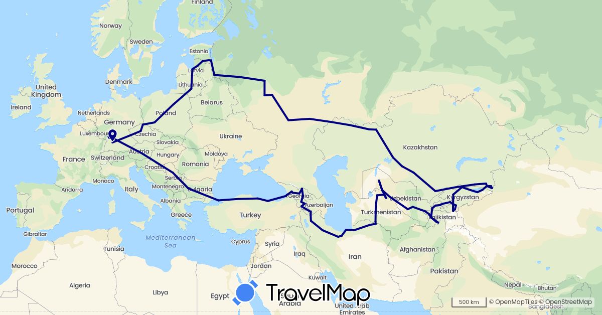 TravelMap itinerary: driving in Armenia, Bulgaria, Czech Republic, Germany, Estonia, Georgia, Iran, Kyrgyzstan, Kazakhstan, Lithuania, Latvia, Poland, Serbia, Russia, Tajikistan, Turkmenistan, Turkey, Uzbekistan (Asia, Europe)